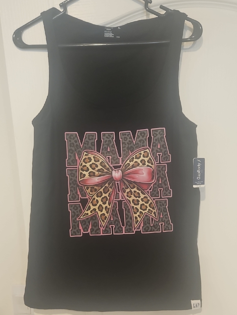 GAP Black Tank Top with Pink 'MAMA' Leopard Bow Graphic